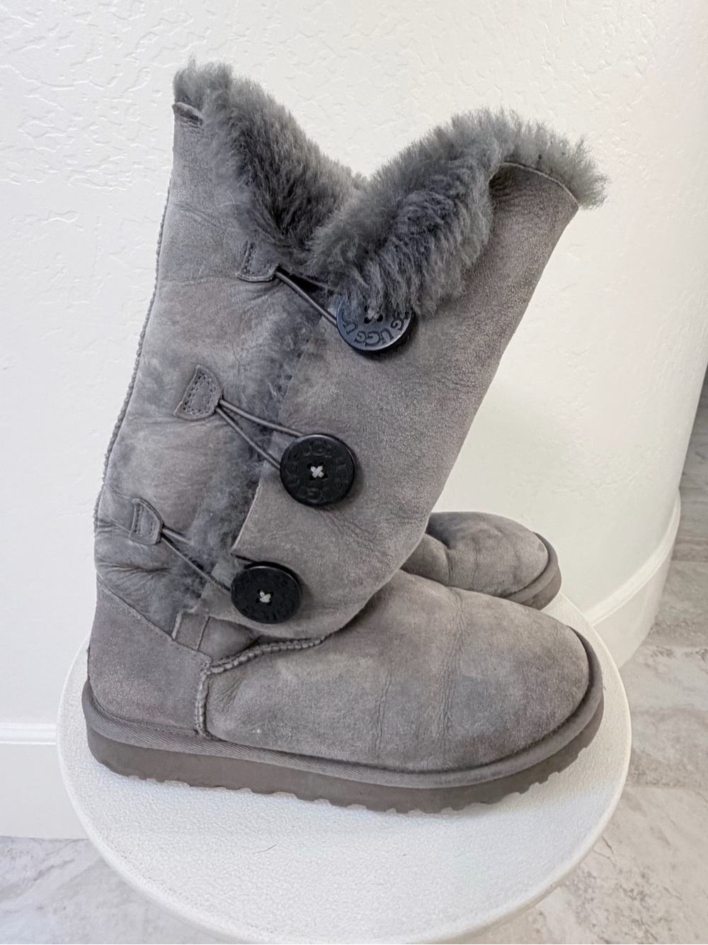 UGG Bailey Button Gray Shearling Button Mid-Calf Suede Boots